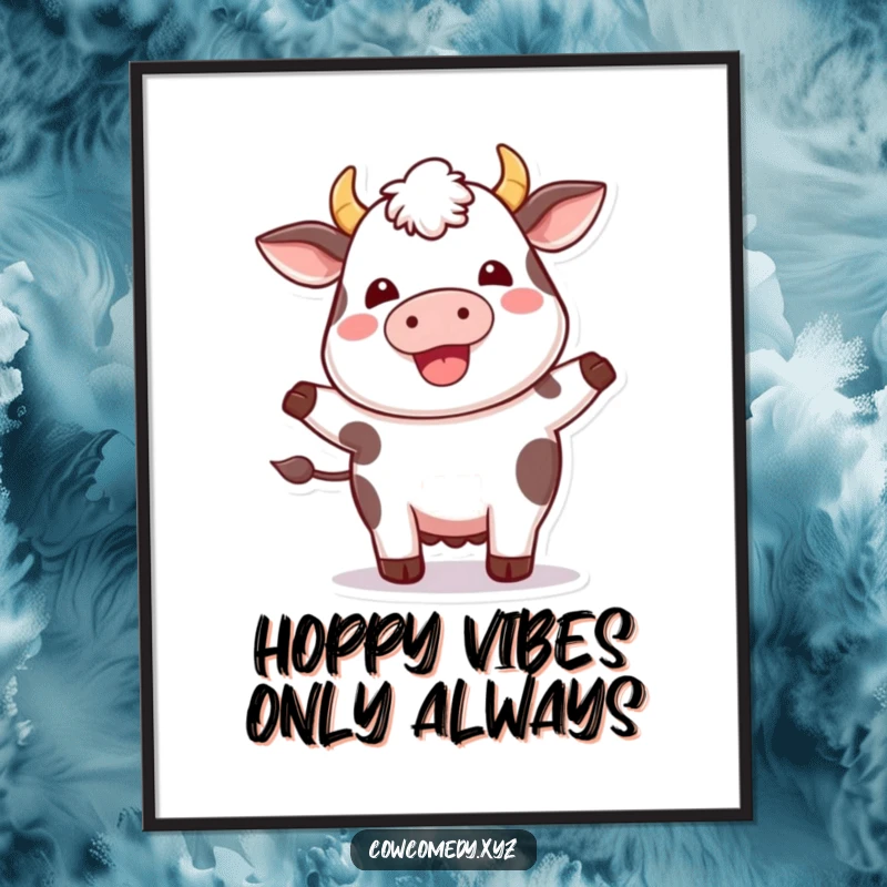 Free Printable Wall Art: A plump kawaii cow with a delighted expression, caught in a cute, happy hop.
