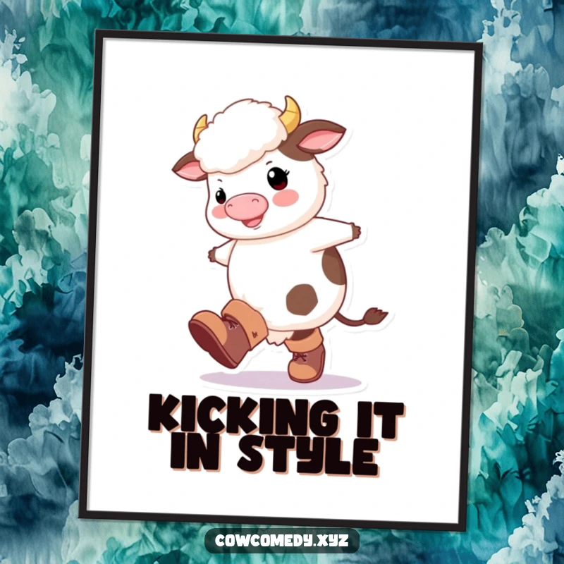 Funny Free Printable Wall Art: A fluffy cow character wearing huge boots, kicking its legs with pure happiness.