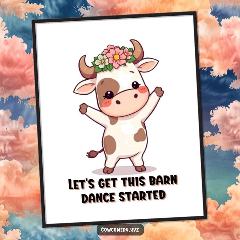 Funny Free Printable Wall Art: A cow adorned with a flower crown is captured mid-silly dance, full of life.