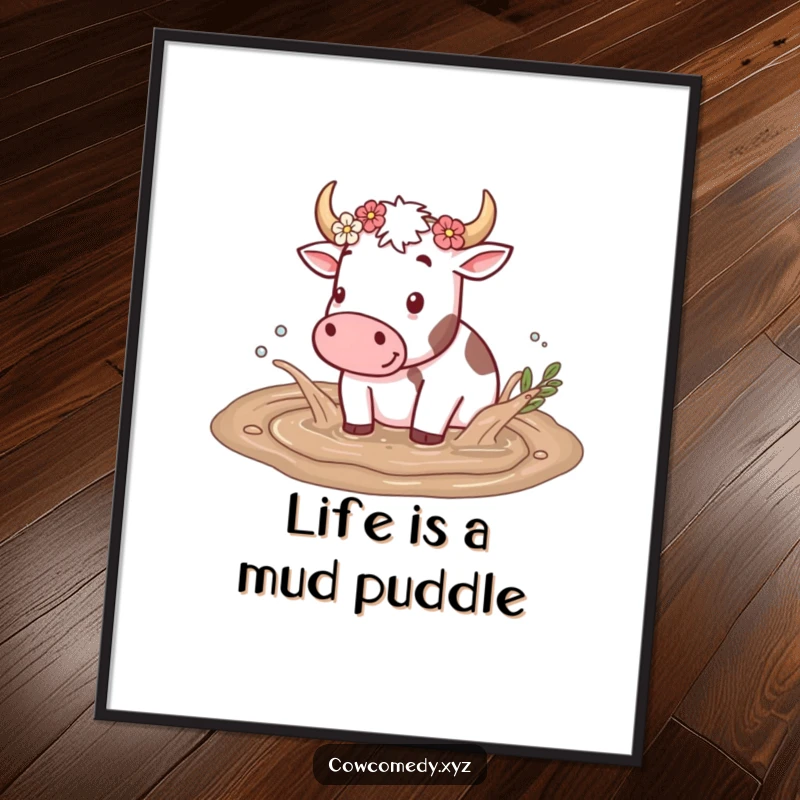 Funny Free Printable Wall Art: A cow gleefully splashing in a mud puddle, flowers on its horns, downloadable art with farmyard humor.