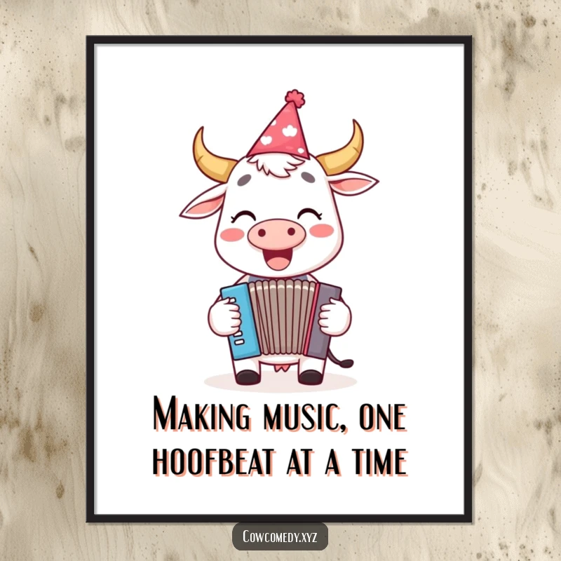 Funny Free Printable Wall Art: A happy cow wearing a party hat, energetically playing a tiny accordion with a joyful expression.
