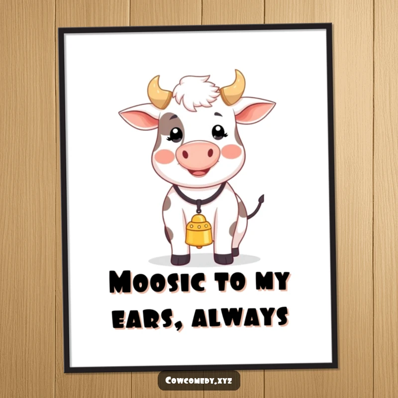 Funny free printable wall art of a happy cow wearing a bell, joyfully mooing a cheerful song.