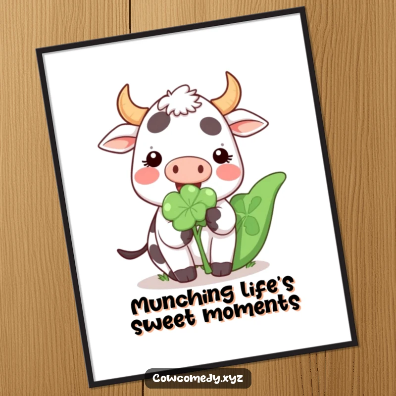 Funny Free Printable Wall Art: A cheerful Kawaii cow blissfully munching a giant clover, delightful downloadable decor.