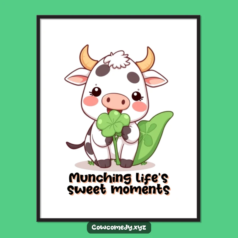 Funny Free Printable Wall Art: Happy Kawaii Cow Munching Clover, Cheerful Downloadable Decor