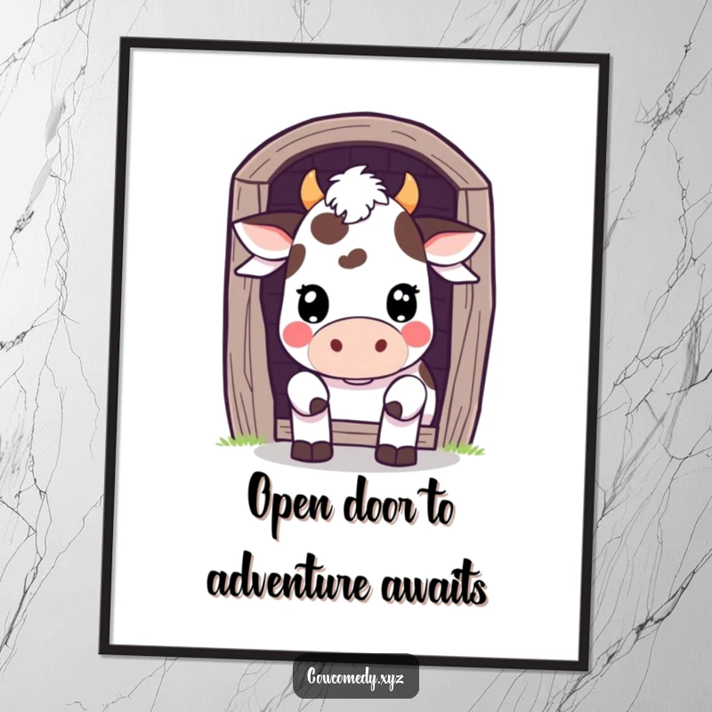 Funny Free Printable Wall Art: A Kawaii stylized cow character peeking playfully from behind a barn door.