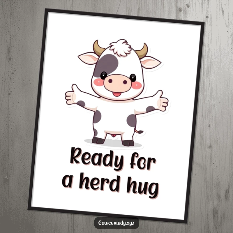 Funny Free Printable Wall Art of a charming cow with outstretched arms, inviting a warm, friendly hug, perfect for kitchens.