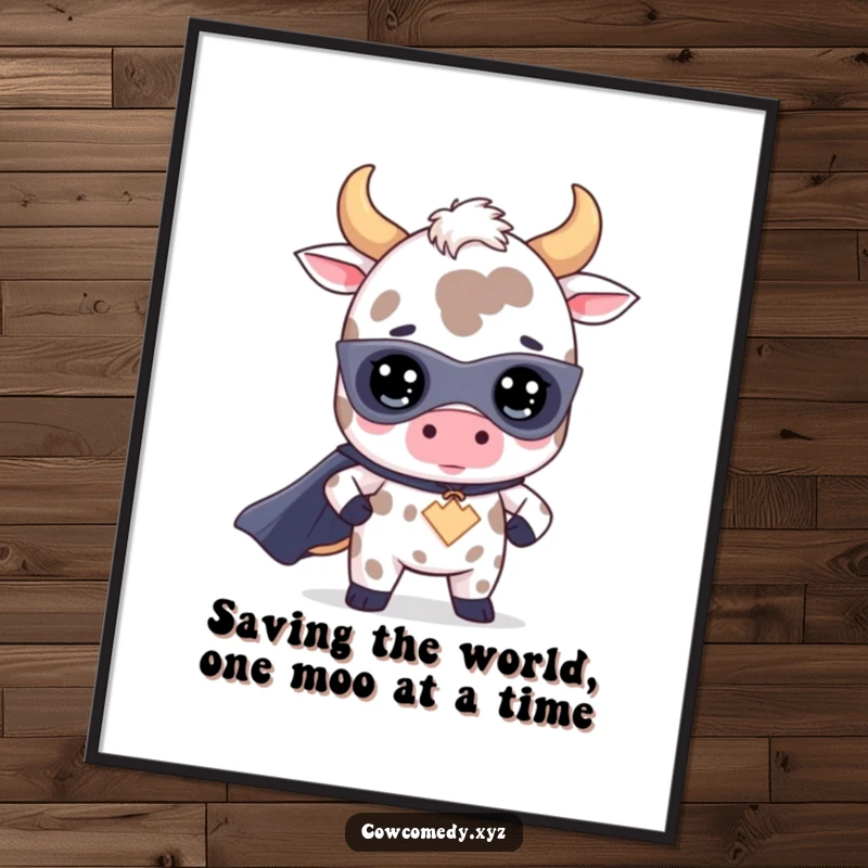 Funny Free Printable Wall Art: a cute Kawaii cow as a superhero striking a bold, heroic pose for your wall.