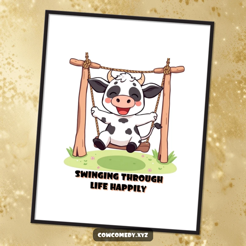 Cute Free Printable Wall Art of a Kawaii cow character enthusiastically swinging from a rope swing, capturing a moment of pure childhood joy.