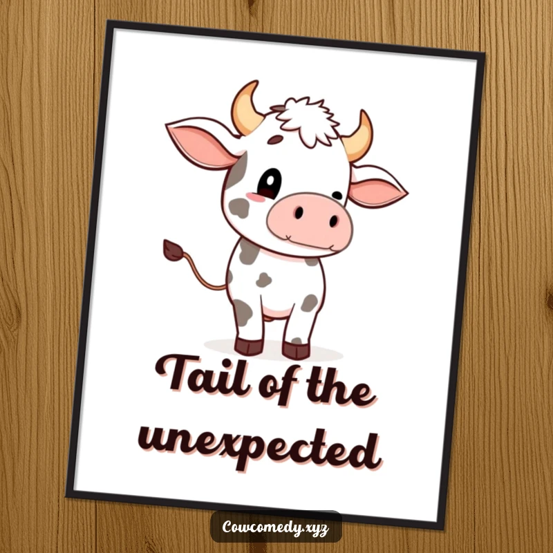 Funny Free Printable Wall Art: Cartoon cow with exaggerated tail wave, perfect for humorous home decor.