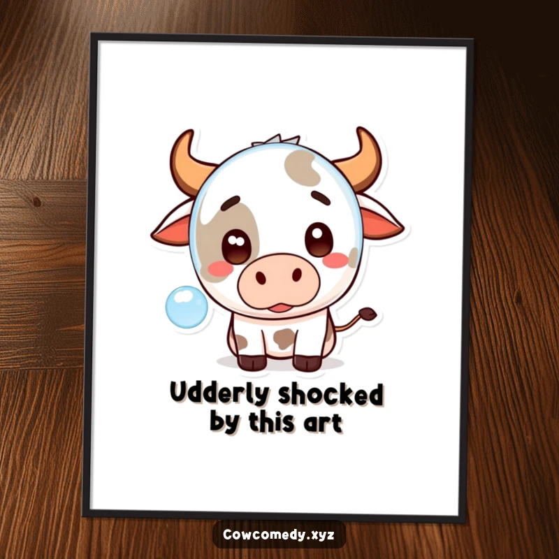Funny Free Printable Wall Art: A cute Kawaii cow looking hilariously surprised by a floating bubble, perfect downloadable decor.