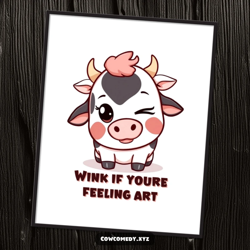 Funny Free Printable Wall Art: A Kawaii cow winking slyly with a mischievous grin, perfect for adding playful downloadable decor.
