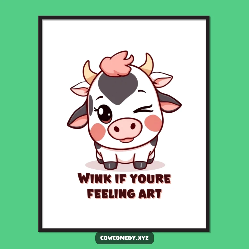 Funny Free Printable Wall Art: Winking Kawaii Cow, Mischievous Downloadable Decor for Walls