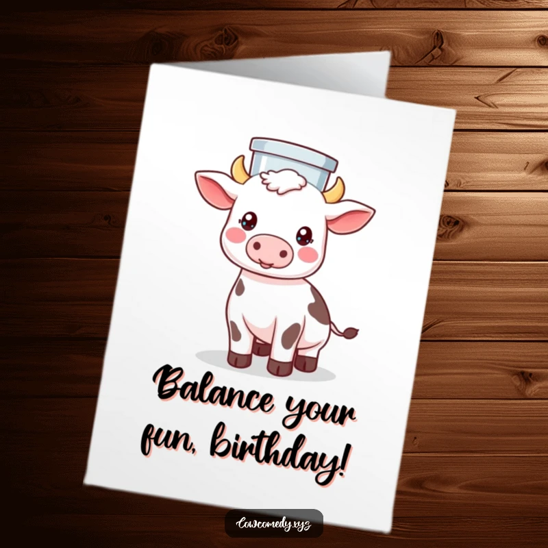 Funny Free Printable Birthday Card: Kawaii cow with impressive balance, holding a milk pail steady on its head.