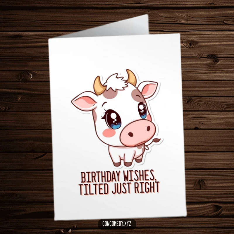 Funny Free Printable Birthday Card: A cow with huge, sparkly eyes playfully tipping its head sideways in a curious, cute manner.