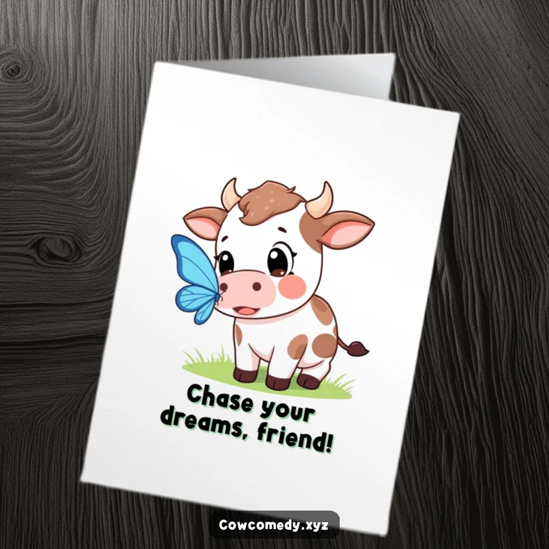Funny Free Printable Birthday Card: Kawaii cow with wide, curious eyes playfully trying to catch a delicate butterfly.