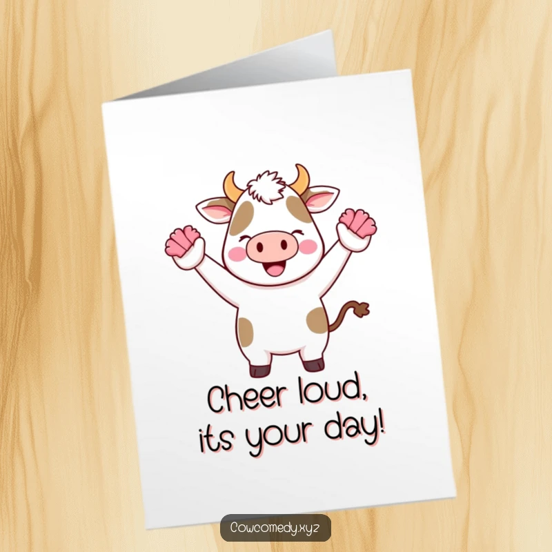 Funny Free Printable Birthday Card: A Kawaii cow enthusiastically cheering with tiny pom-poms, ready to celebrate a birthday.