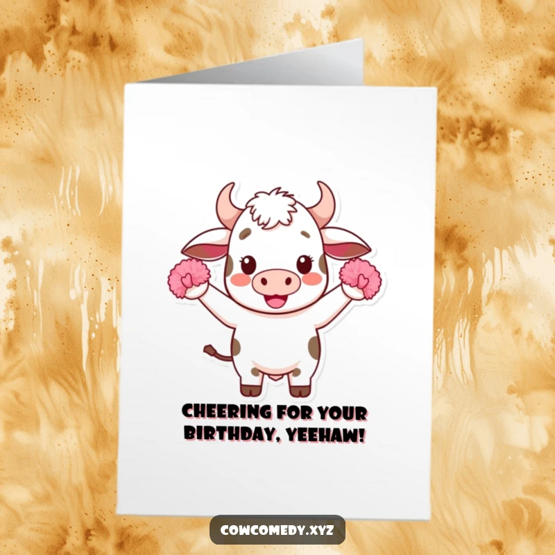 Funny Free Printable Birthday Card: A Kawaii cow energetically cheers with tiny pom-poms.