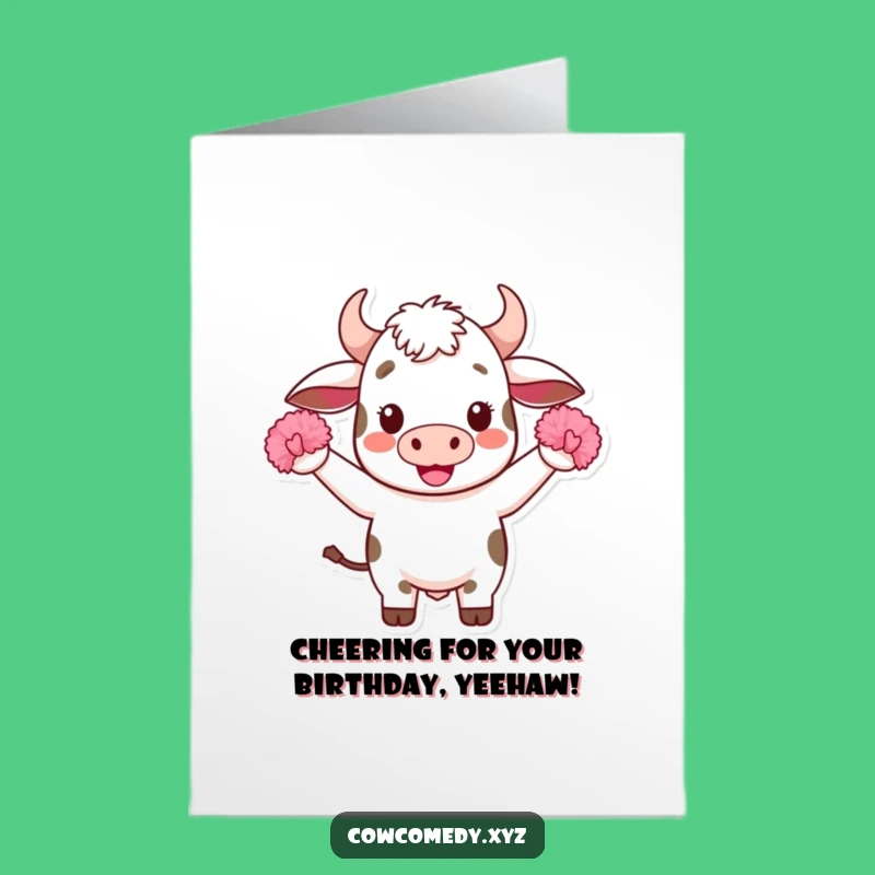 Free Printable Cow Birthday Card: Cheering Kawaii Cow Downloadable Fun Gift