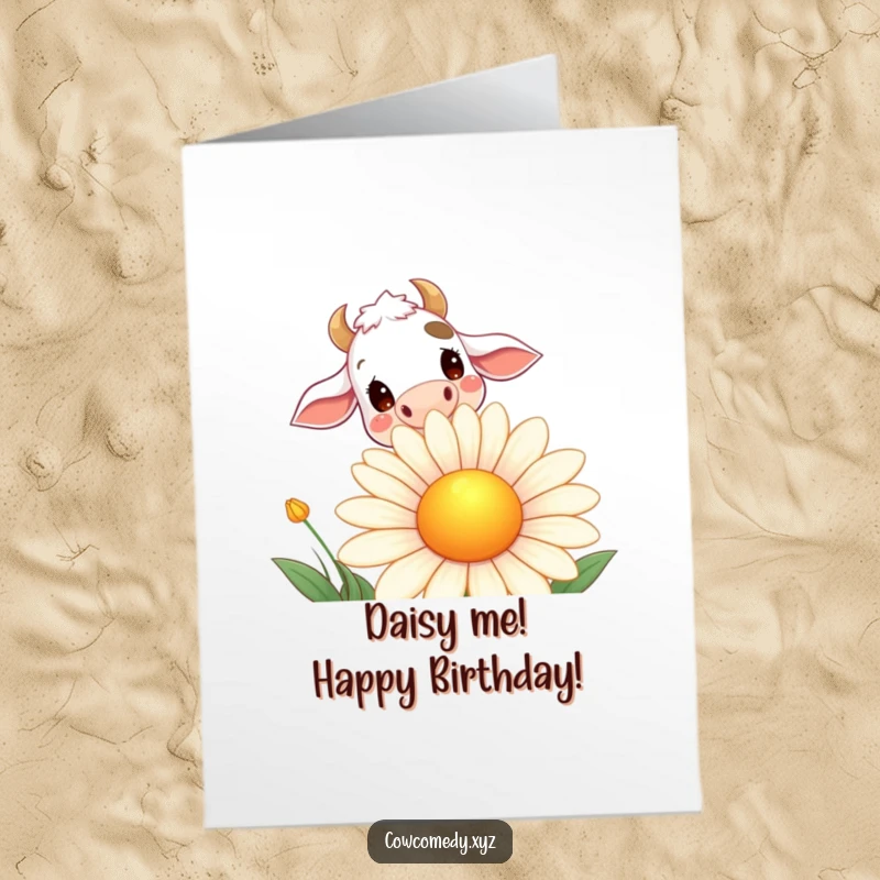 Funny Free Printable Birthday Card: Curious cow with big eyes peeking over a giant, happy daisy, ready for birthday wishes.