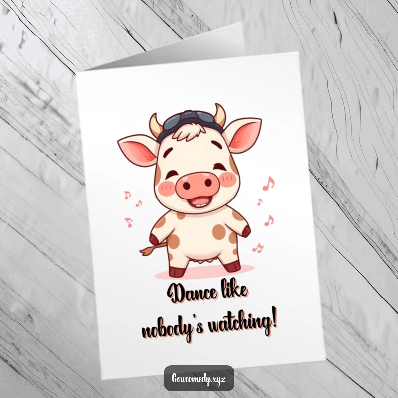 Funny Free Printable Birthday Card of a cow with rosy cheeks, happily bopping to an imaginary beat. A charming downloadable gift.