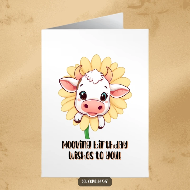 Funny Free Printable Birthday Card: Kawaii cow with wide eyes peeking behind a huge daisy, offering a cheerful surprise.