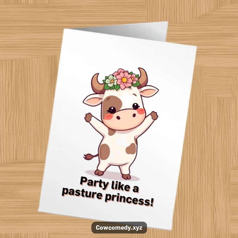 Funny Free Printable Birthday Card: Cow with a flower crown doing a silly, joyful dance for a birthday.