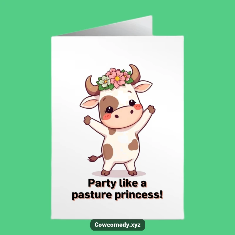 Free Printable Birthday Card: Dancing Cow Flower Crown, Fun Downloadable Greeting
