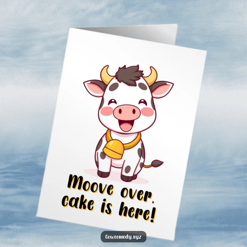 Funny Free Printable Birthday Card: A very happy kawaii cow joyfully ringing its cowbell, spreading cheer for a downloadable gift.