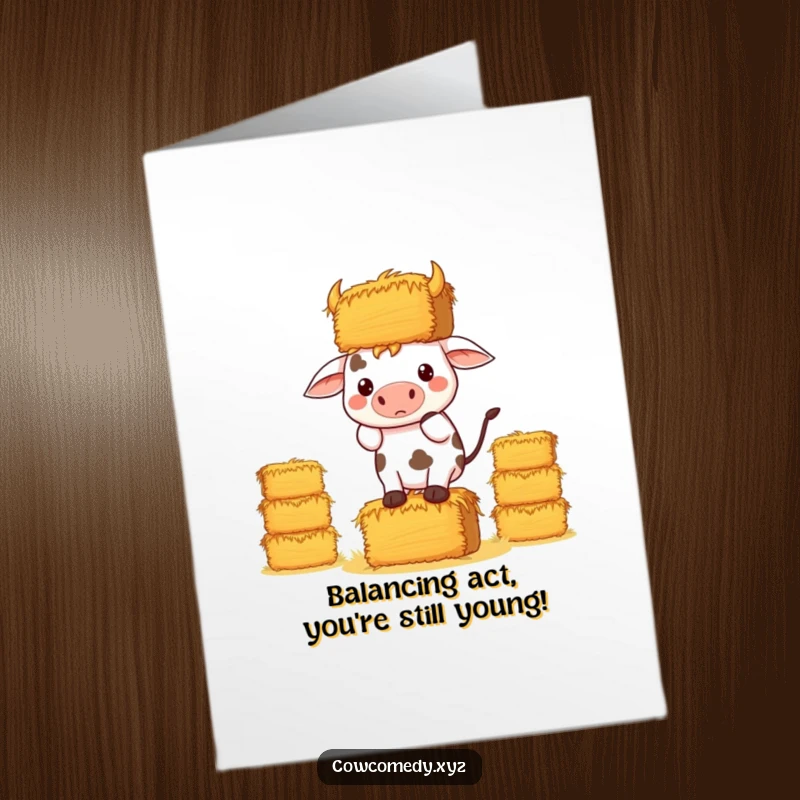 Funny Free Printable Birthday Card: A determined kawaii cow struggling to balance a tall stack of hay bales, downloadable card.