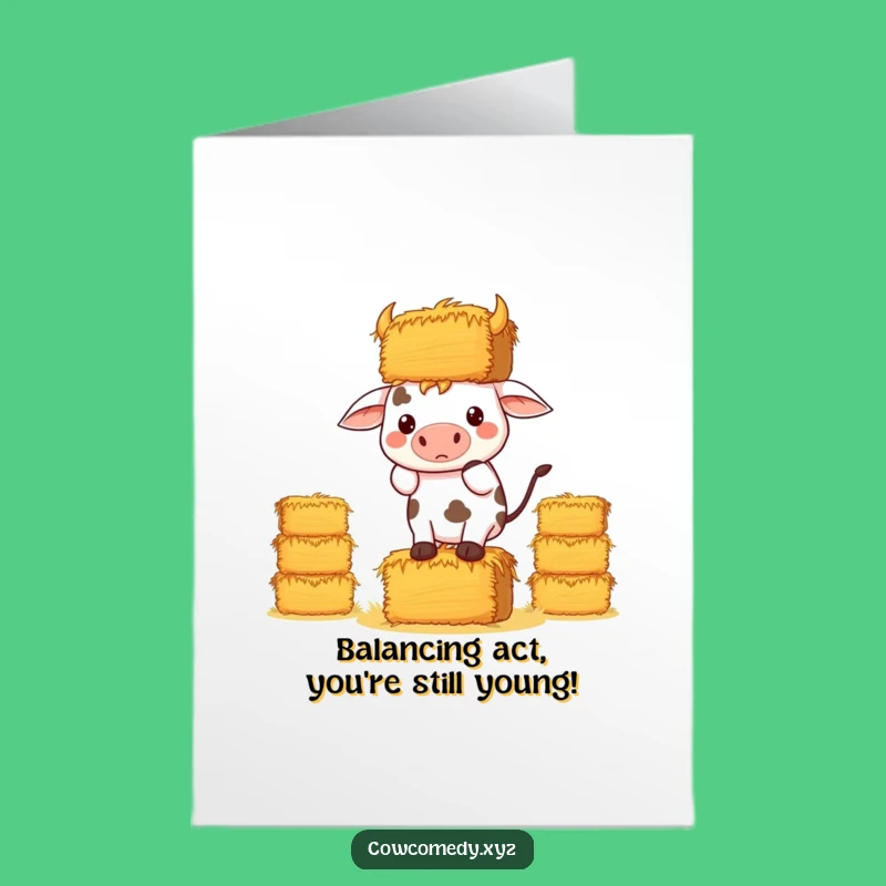 Free Printable Birthday Card: Determined Kawaii Cow & Hay Bales, Funny Downloadable Card