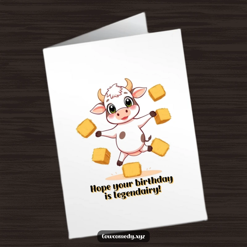 Funny Free Printable Birthday Card: A playful calf with big eyes balances on three legs, juggling hay bales with a determined look.