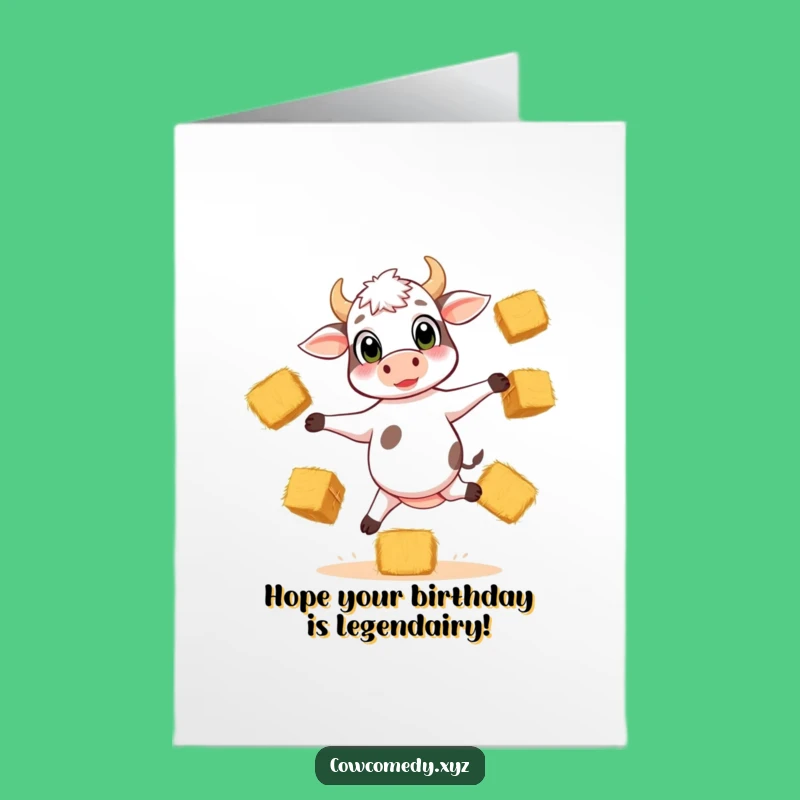 Free Printable Birthday Card: Funny Calf Juggling Hay, Downloadable for a Hilarious Surprise