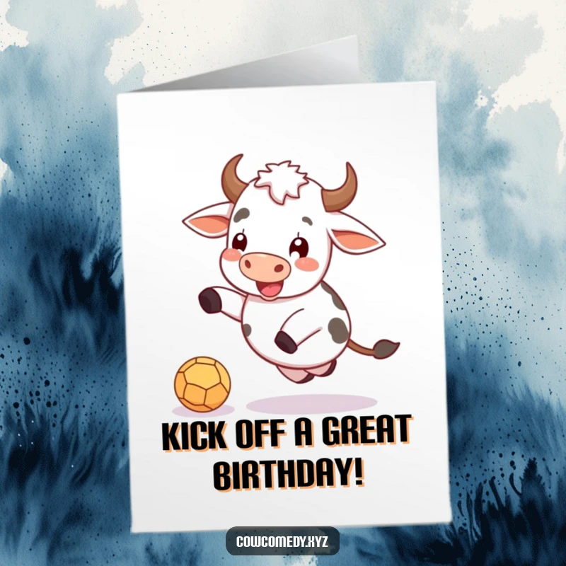 Funny Free Printable Birthday Card: Cow joyfully kicking a small ball, cartoon style, sports humor.