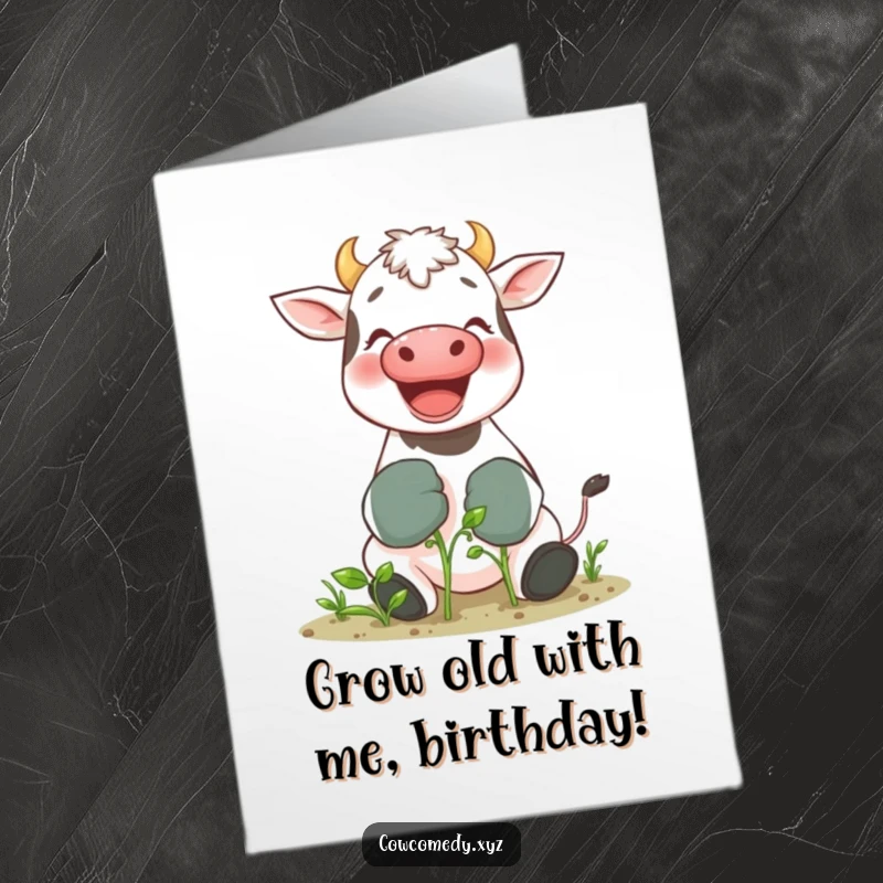Funny Free Printable Birthday Card: Giggling cow in big gloves joyfully tending a tiny sprout, wishing a happy birthday.