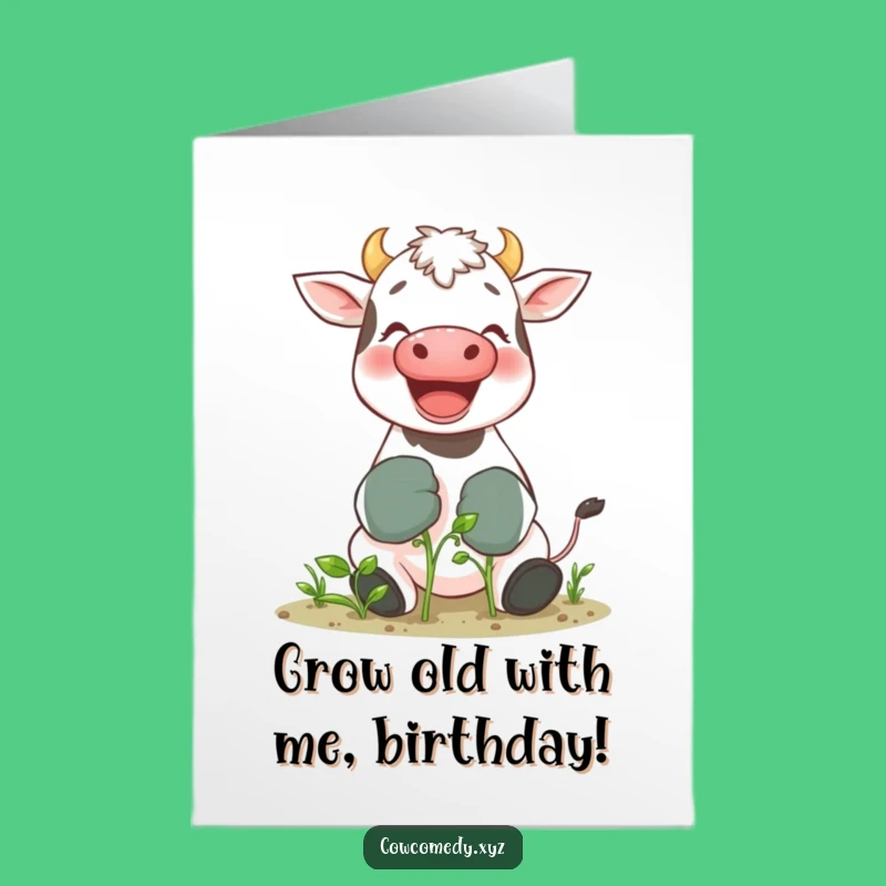 Free Printable Birthday Card: Giggling Cow Gardener - Funny Downloadable Gift