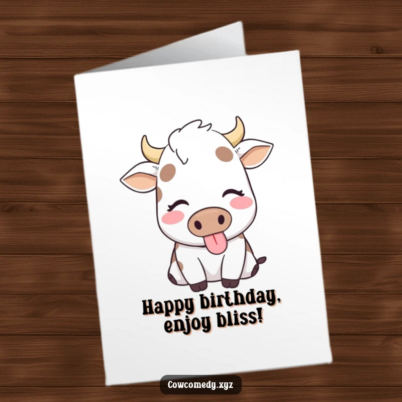 Funny Free Printable Birthday Card: A cow with eyes closed chews happily, embodying pure contentment for a birthday wish.