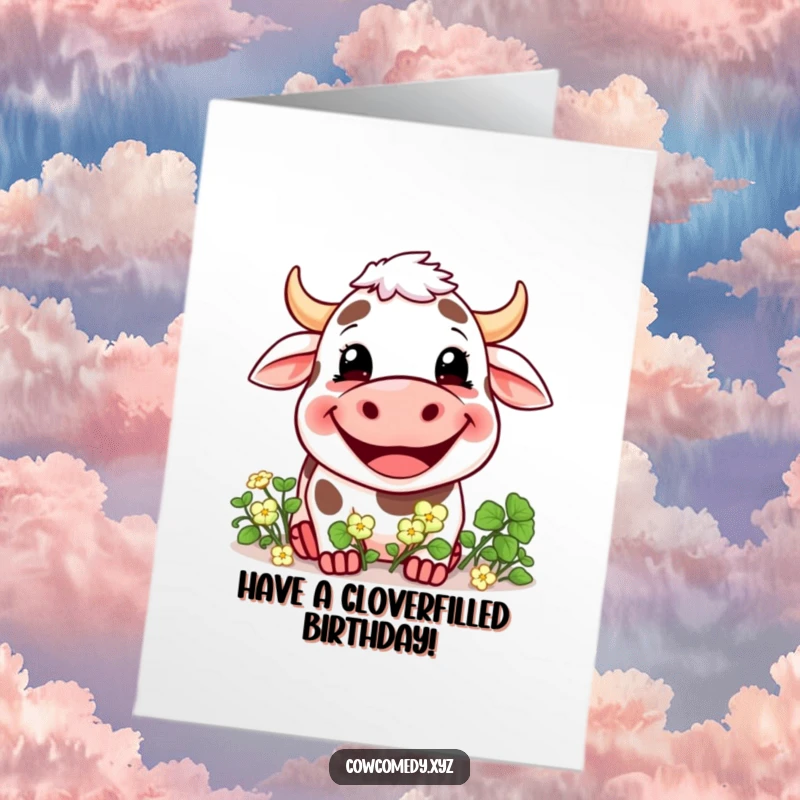 Funny free printable birthday card: A happy cow with a wide grin munching on a bunch of clover.
