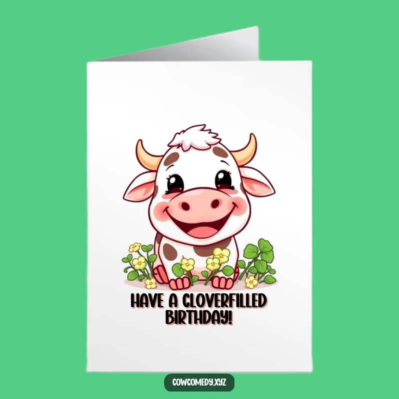 Free Printable Birthday Card: Happy Cow Eating Clover, Funny Downloadable Gift