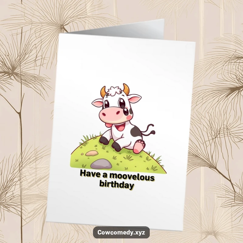 Funny Free Printable Birthday Card showing a happy cow joyfully sliding down a grassy hill with wide, delighted eyes.