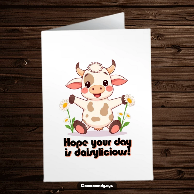 Funny Free Printable Birthday Card: A cheerful kawaii cow expertly juggling oversized daisies with its hooves, radiating happiness.
