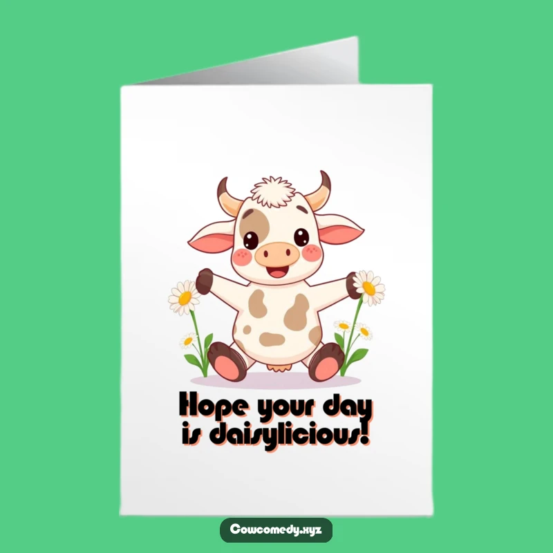 Free Printable Birthday Card: Kawaii Cow Juggling Daisies, Fun Downloadable Gift