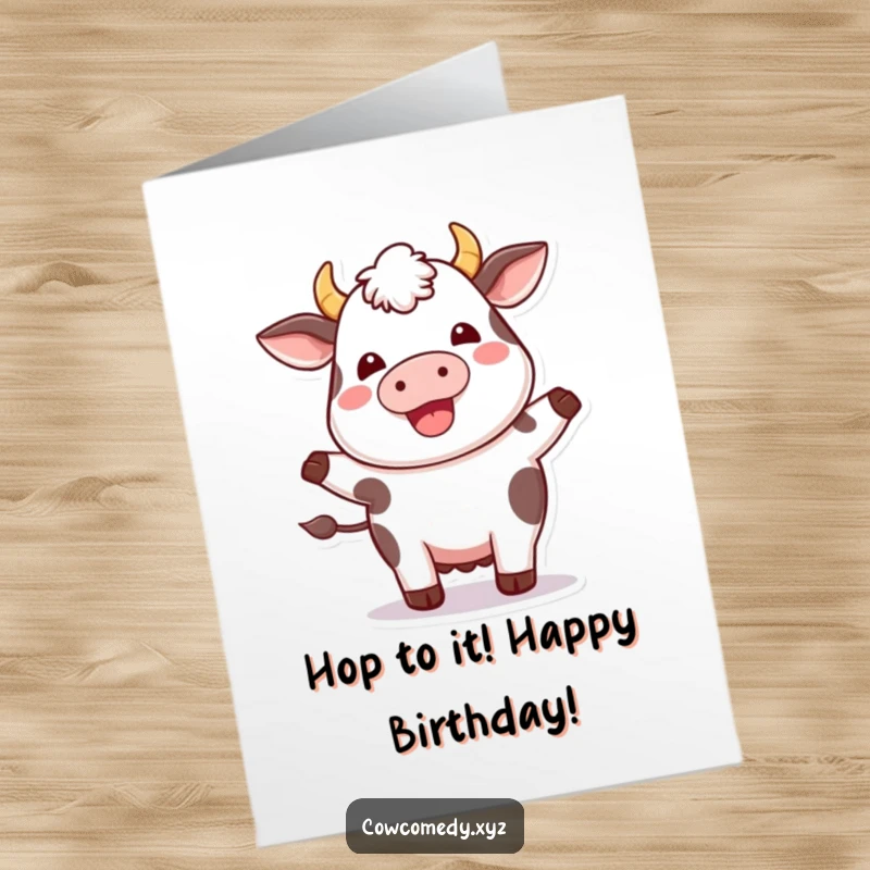 Funny Free Printable Birthday Card: A plump kawaii cow with a delighted expression, captured mid-air doing a little happy hop.