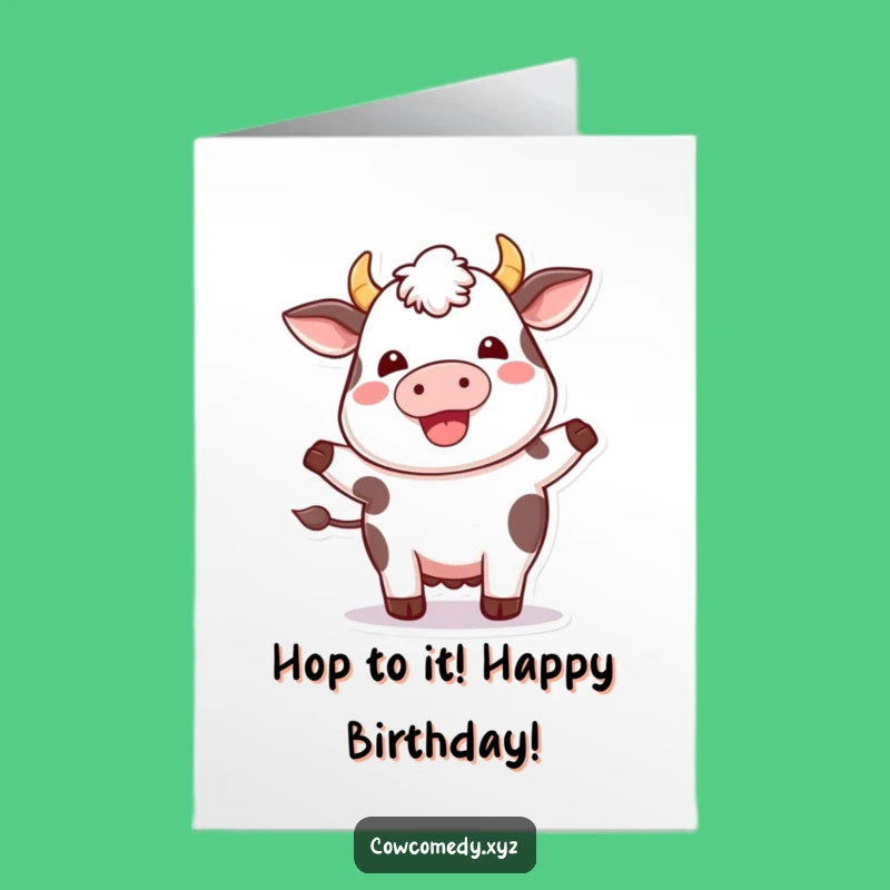 Free Printable Birthday Card: Plump Kawaii Cow Hopping, Downloadable Joyful Greeting