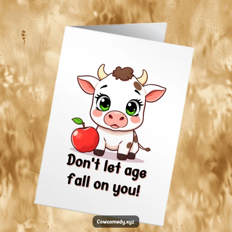 Funny Free Printable Birthday Card: A kawaii cow with huge eyes reacting in shock to a falling apple, a downloadable card.