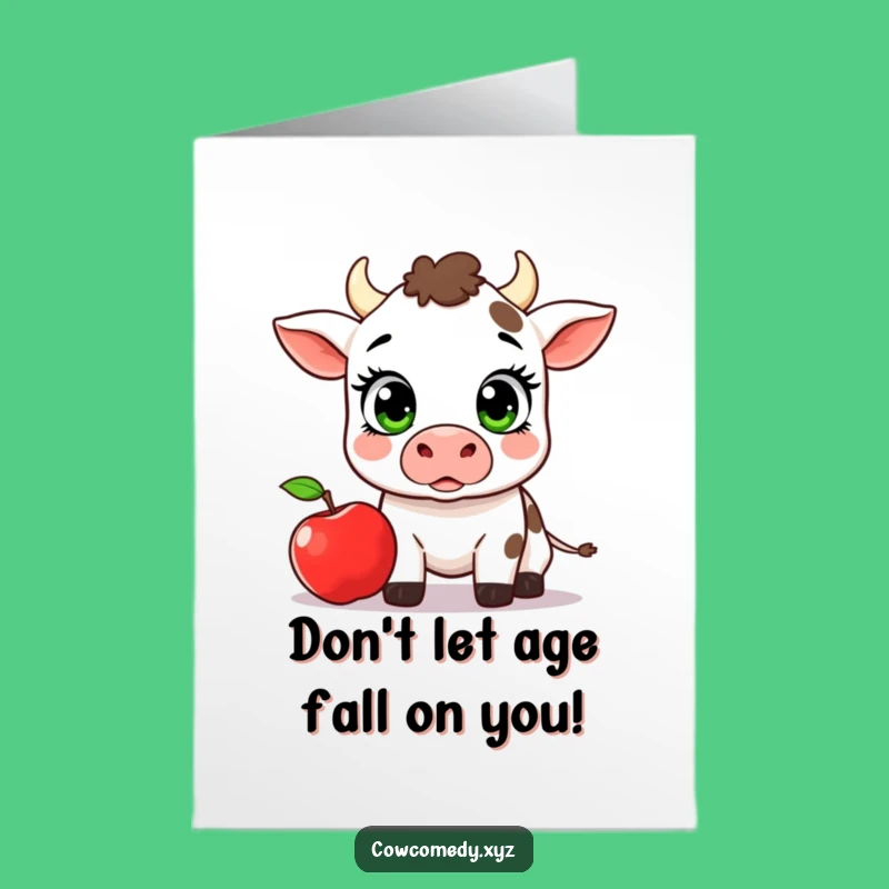 Free Printable Birthday Card: Surprised Kawaii Cow & Flying Apple, Funny Downloadable Card