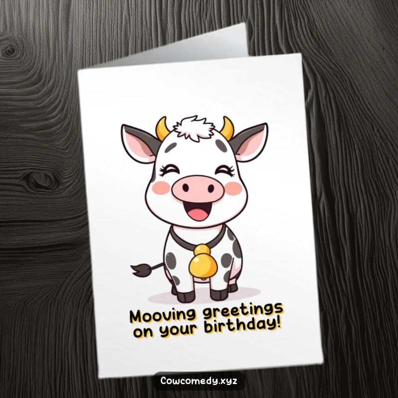 Funny Free Printable Birthday Card: A happy cow with a bell around its neck joyfully wiggles, sending birthday cheers with enthusiasm.