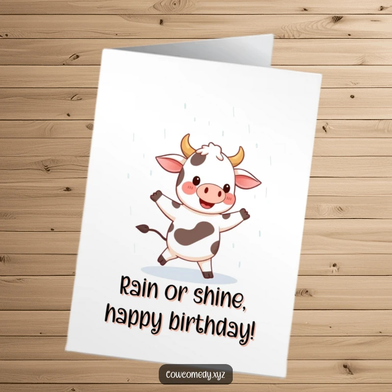 Funny Free Printable Cow Birthday Card: A Gleeful Cow Dancing Merrily Under the Rain with a Huge Smile