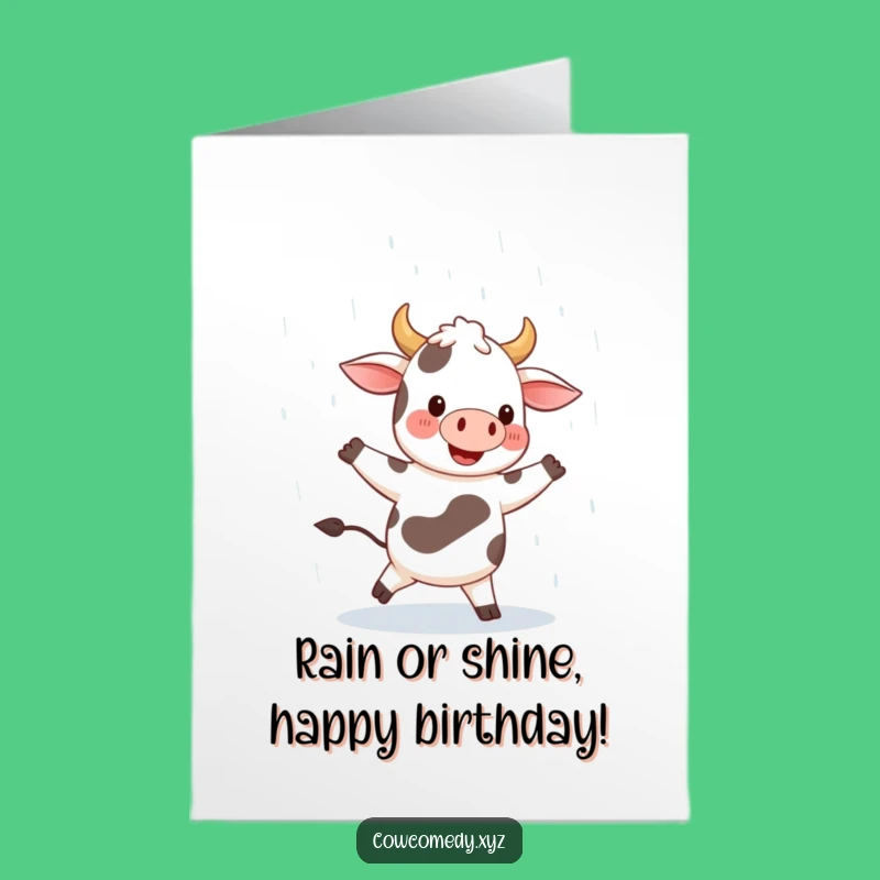 Free Printable Cow Birthday Card: Dancing in Rain Funny Downloadable Gift