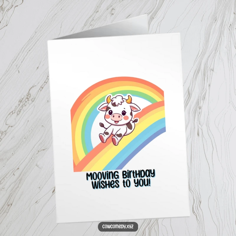 Funny Free Printable Birthday Card: A smiling cow character joyfully slides down a vibrant rainbow, celebrating a birthday.