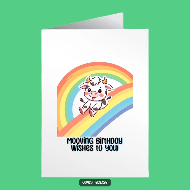 Free Printable Cow Birthday Card: Rainbow Slide Fun, Funny Downloadable Gift for a Joyful Celebration